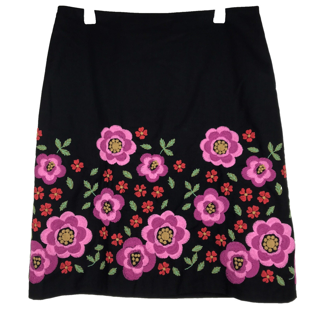 Sevier Skirts A-Line Skirt Above Knee Floral Embroidered Black Lined Size Large